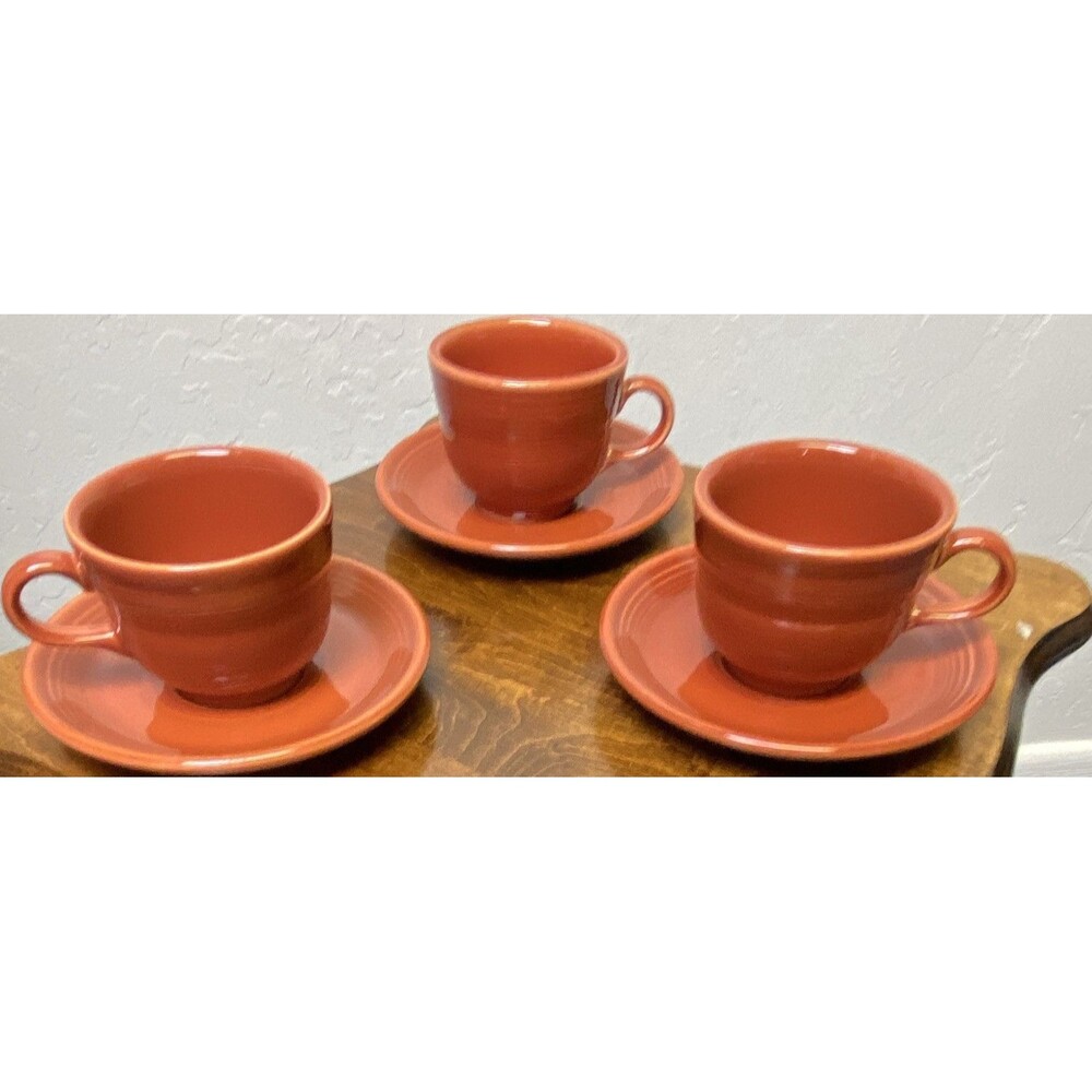 Fiesta Orange Ceramic Cup & Saucer Set – 6 Piece – Glossy Round – With Handle